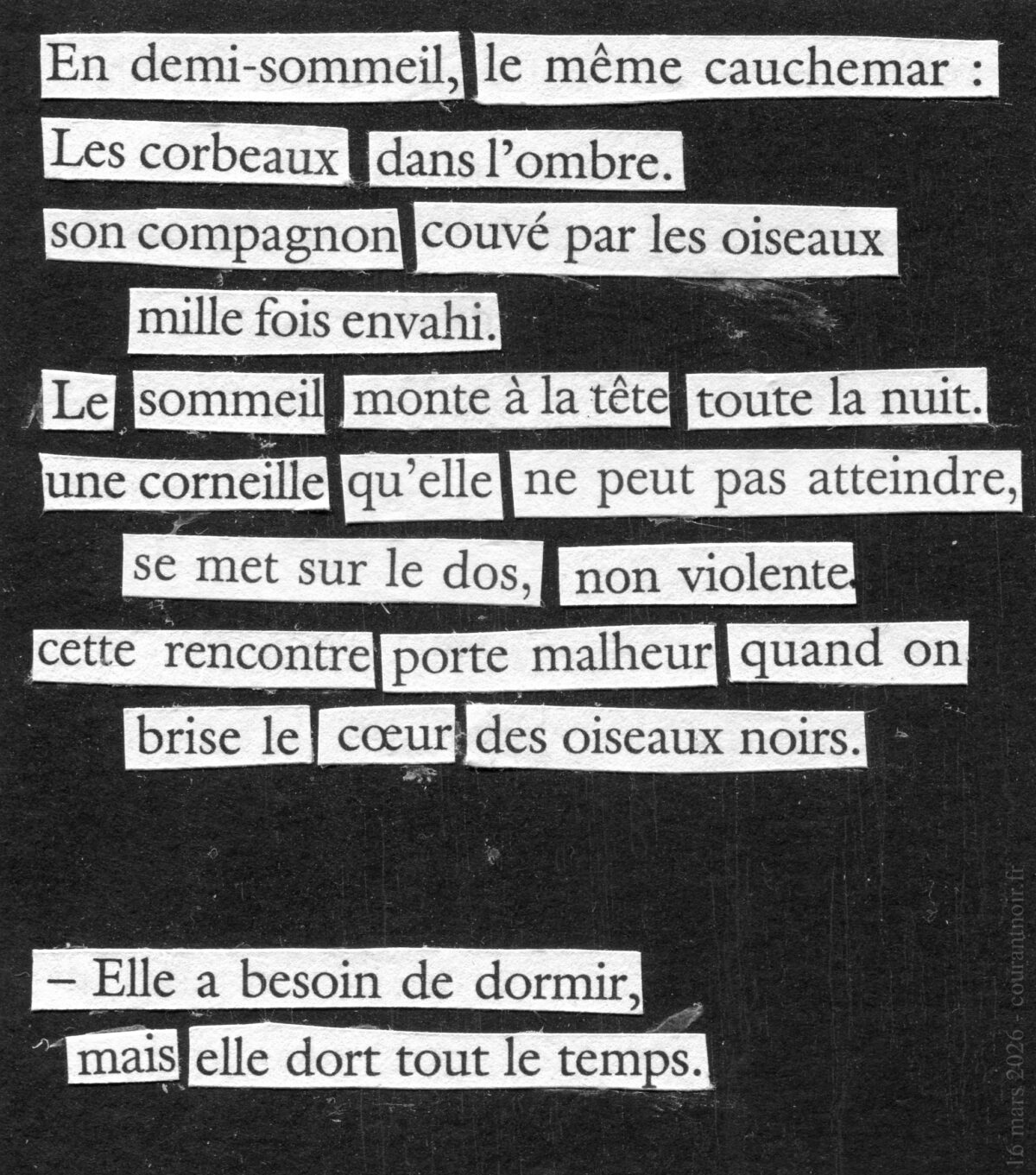 En demi-sommeil, le même cauchemar : Les corbeaux dans l'ombre. Son compagnon couvé par les oiseaux mille fois envahi. Le sommeil monte à la tête toute la nuit. Une corneille qu'elle ne peut pas atteindre, se met sur le dos, non violente. Cette rencontre porte malheur quand on brise le cœur des oiseaux noirs. Elle a besoin de dormir, mais elle dort tout le temps.