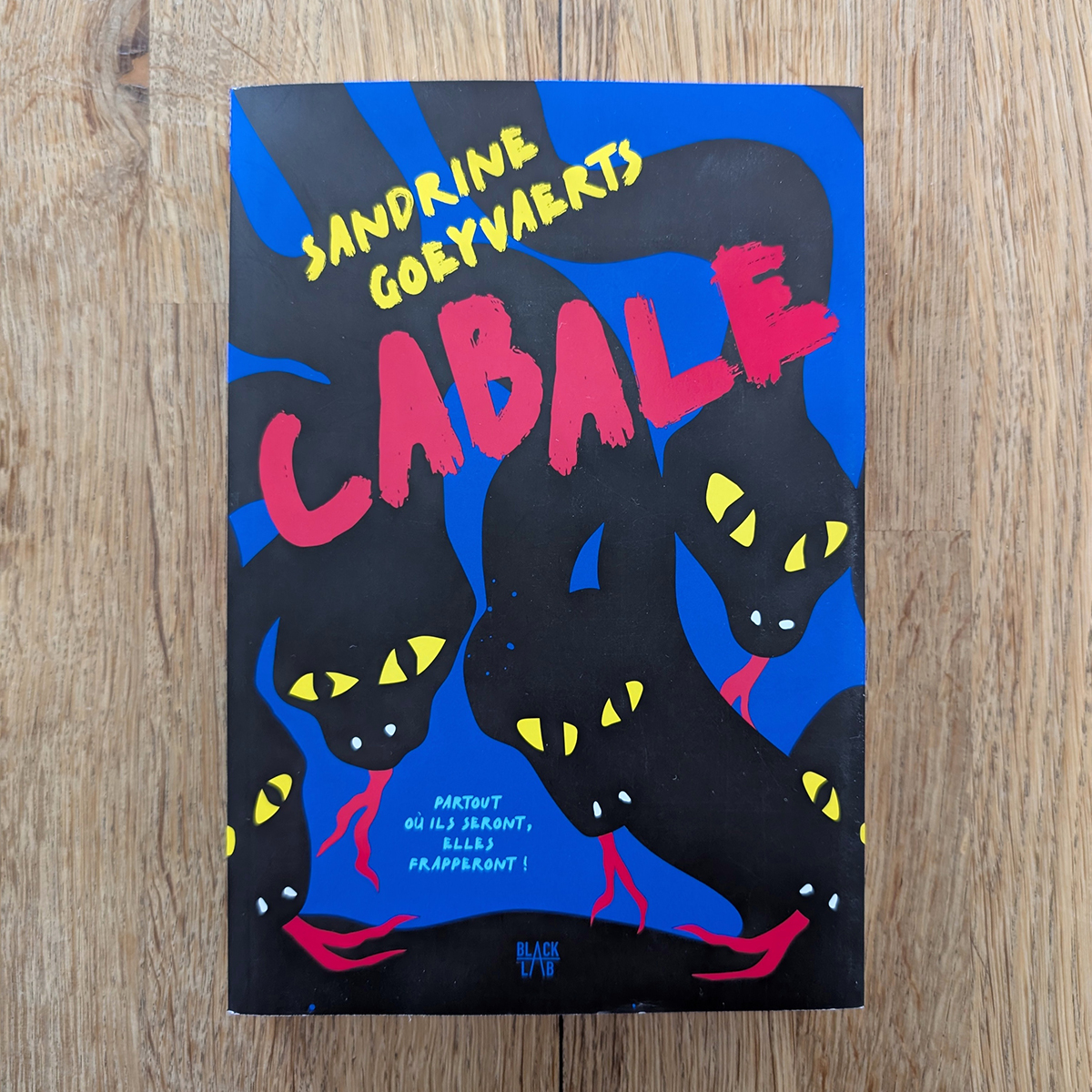 La couverture est une illustration qui représente des serpents noirs aux yeux jaunes avec la langue rouge sortante, le tout sur fond bleu roi.