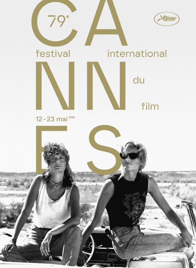 Affiche du festival de Cannes 2026 qui reprend un visuel de Thelma & Louise, c'est-à-dire Susan Sarandon et Geena Davis en mode badass dans la décapotable.